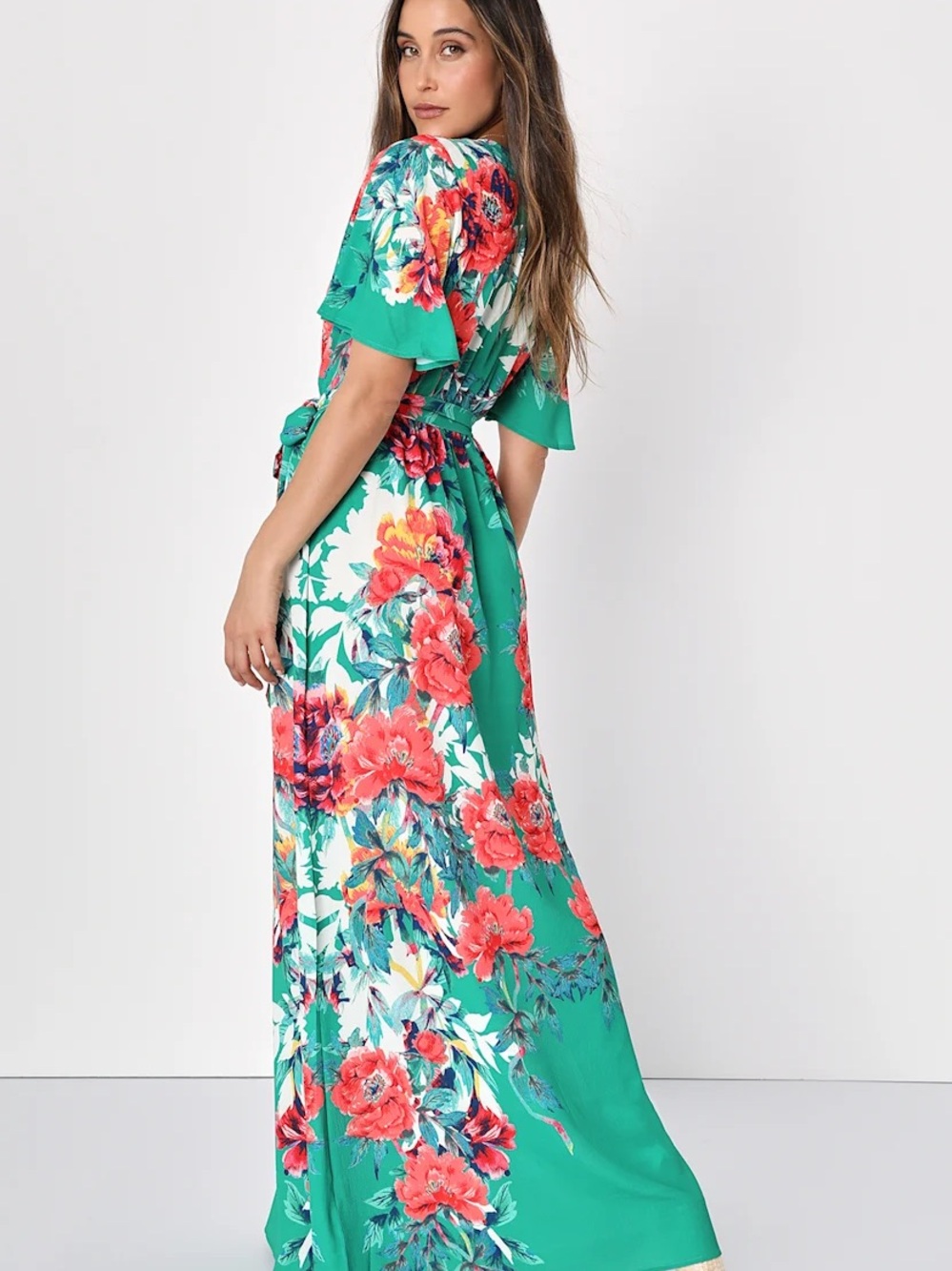 Lulu's Green Maxi Dress with Coral Floral Print